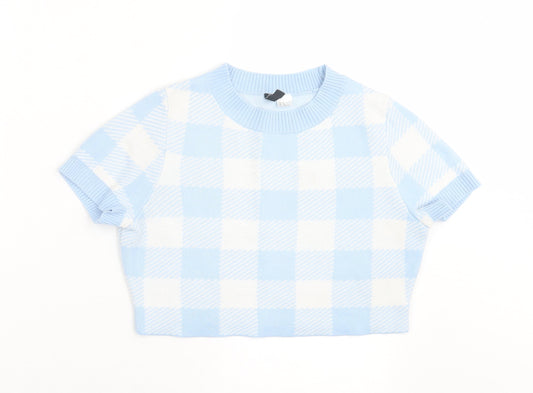 H&M Womens Blue Argyle/Diamond Acrylic Cropped T-Shirt Size S Crew Neck