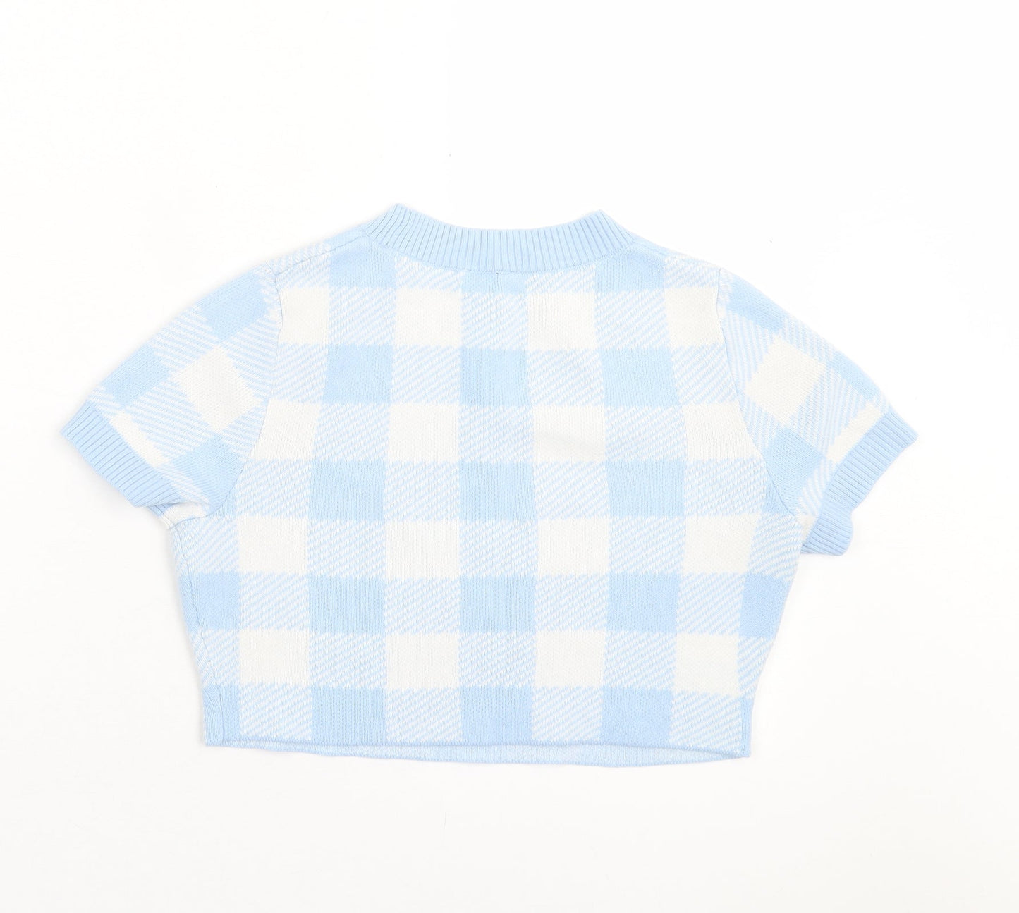 H&M Womens Blue Argyle/Diamond Acrylic Cropped T-Shirt Size S Crew Neck