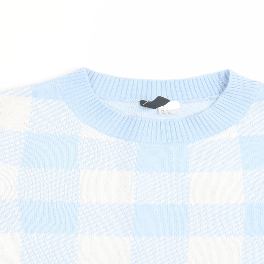 H&M Womens Blue Argyle/Diamond Acrylic Cropped T-Shirt Size S Crew Neck