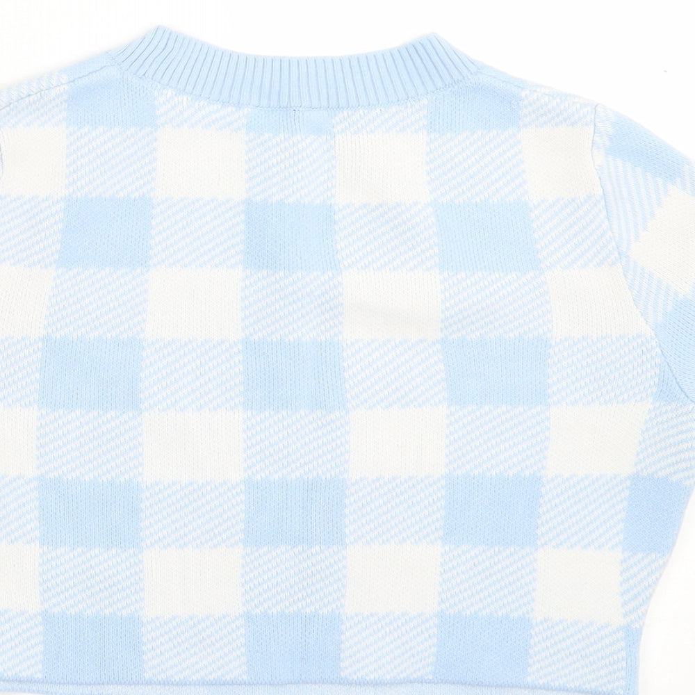 H&M Womens Blue Argyle/Diamond Acrylic Cropped T-Shirt Size S Crew Neck