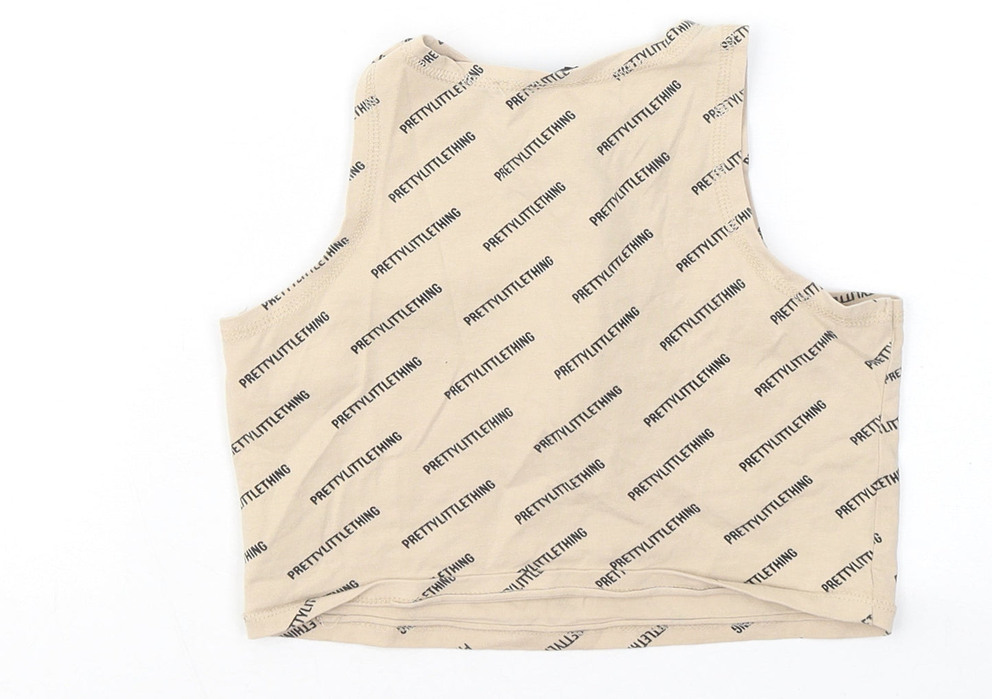 PRETTYLITTLETHING Womens Beige Geometric Cotton Basic T-Shirt Size 6 Round Neck