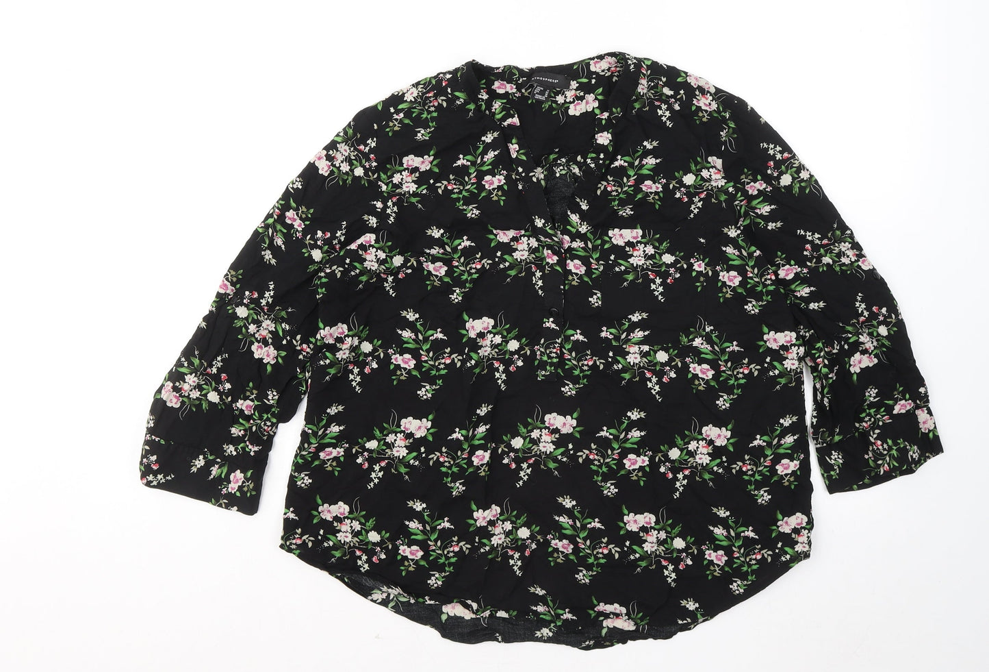 Atmosphere Womens Black Floral Viscose Basic Button-Up Size 14 V-Neck