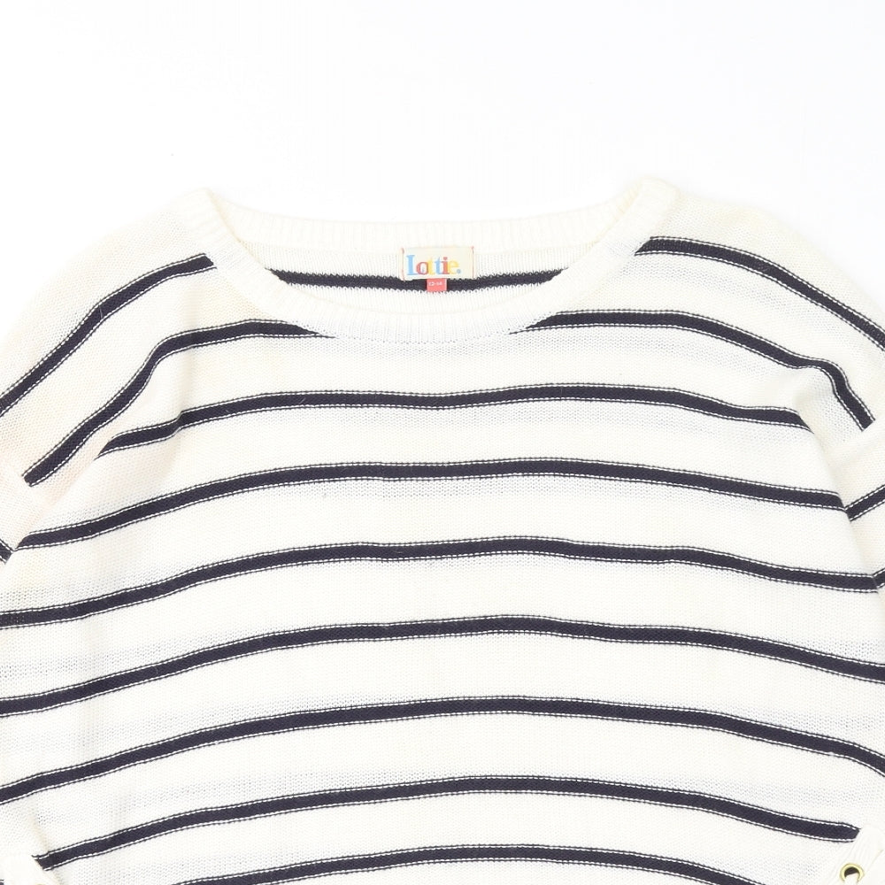 Lottie Womens White Round Neck Striped Acrylic Pullover Jumper Size 12