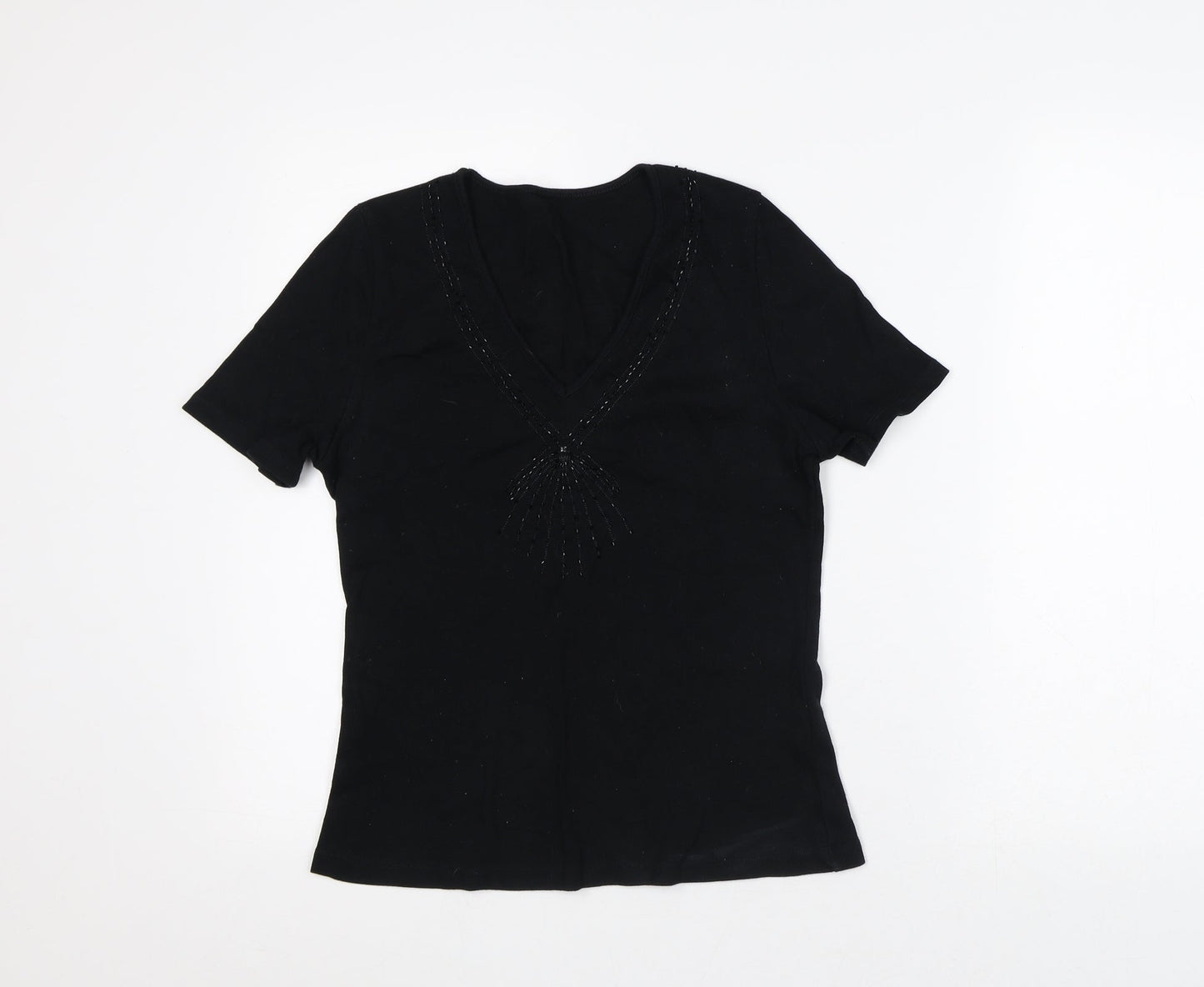 Preworn Womens Black Geometric Cotton Basic T-Shirt Size 14 V-Neck