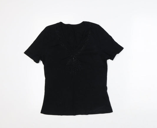 Preworn Womens Black Geometric Cotton Basic T-Shirt Size 14 V-Neck