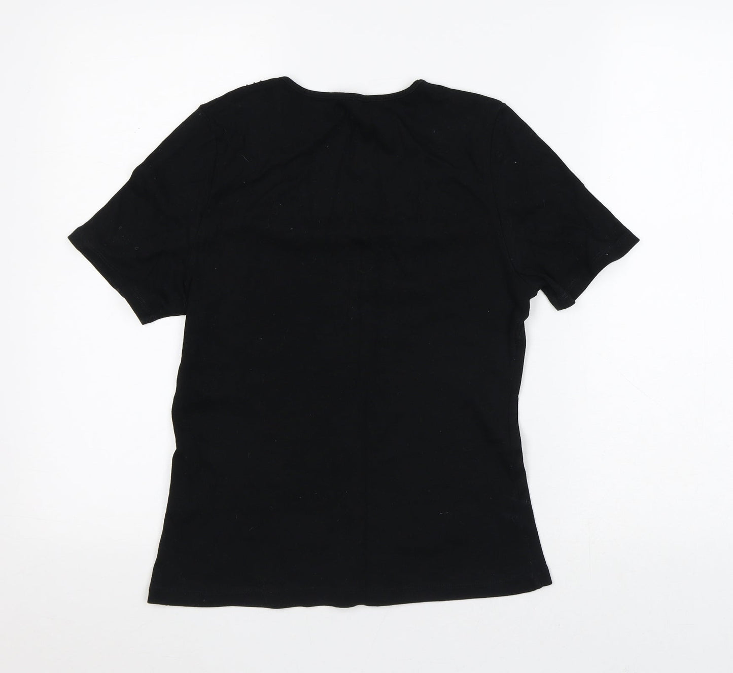 Preworn Womens Black Geometric Cotton Basic T-Shirt Size 14 V-Neck