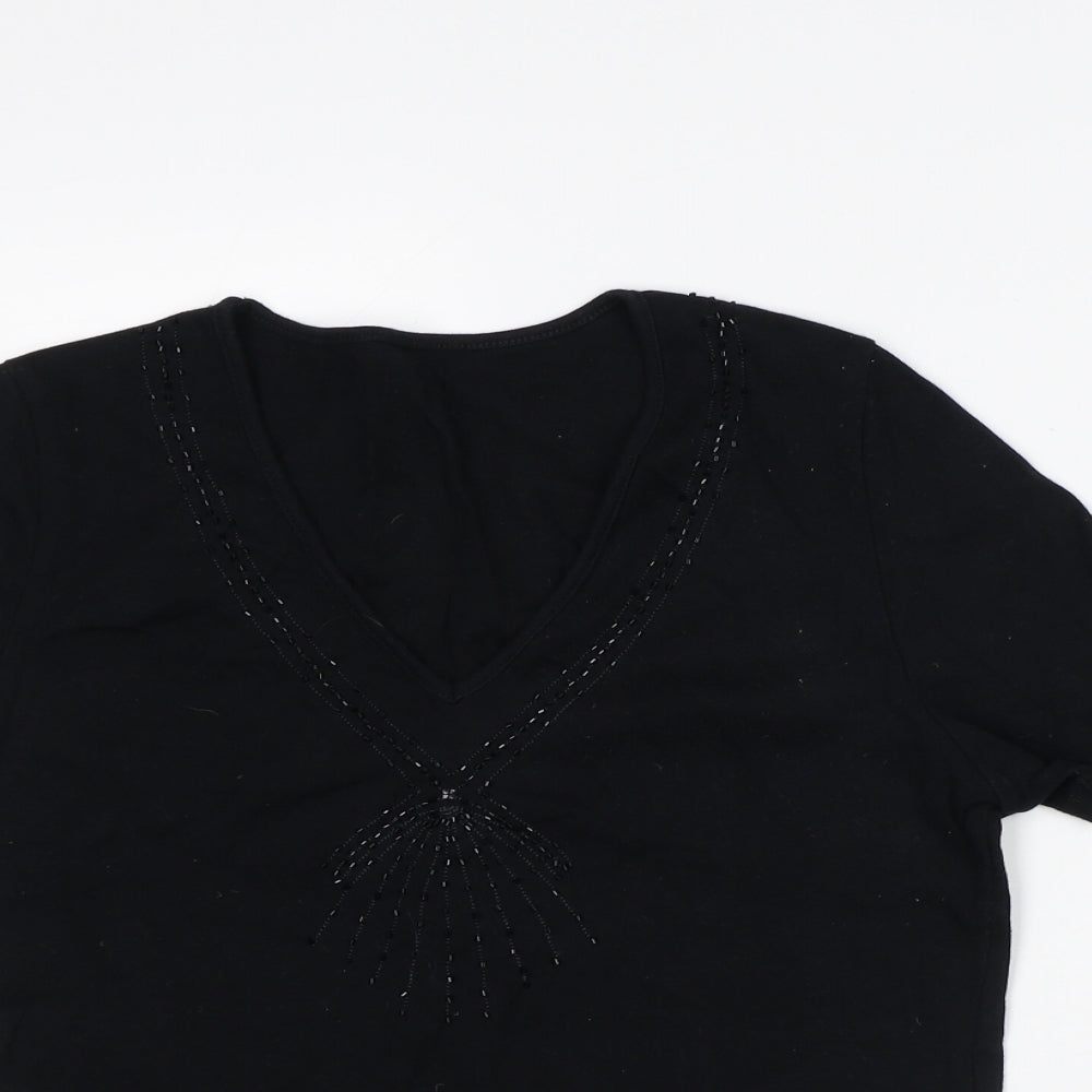 Preworn Womens Black Geometric Cotton Basic T-Shirt Size 14 V-Neck