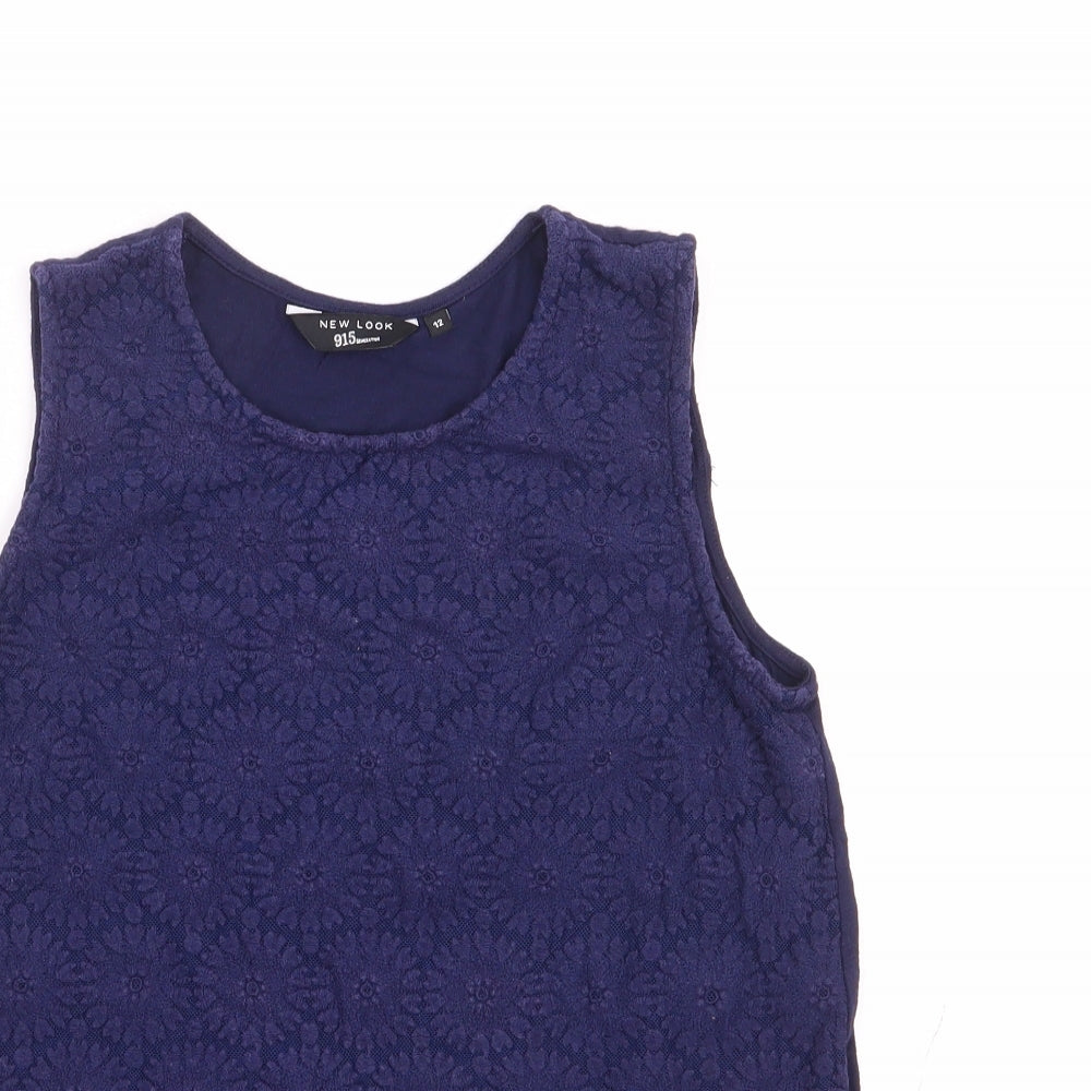 New Look Girls Blue Floral Cotton Jersey Tank Size 12 Years Round Neck Pullover