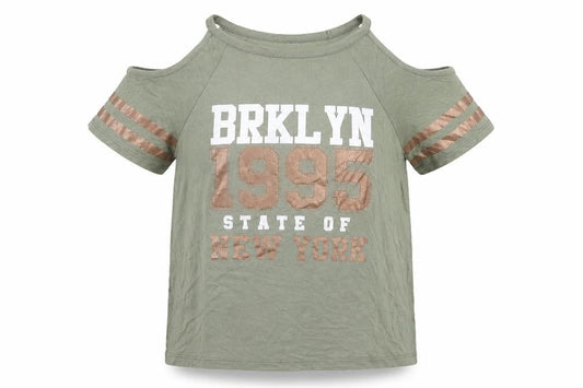 New Look Girls Green Viscose Jersey T-Shirt Size 9 Years Round Neck Pullover - Cold Shoulder
