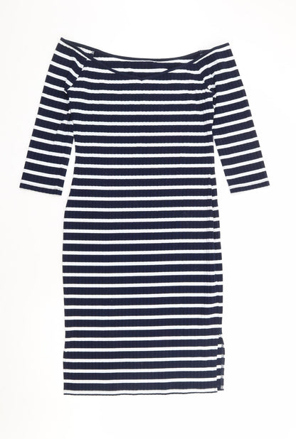 V By Very Womens Blue Striped Polyester Bodycon Size 12 Off the Shoulder Pullover