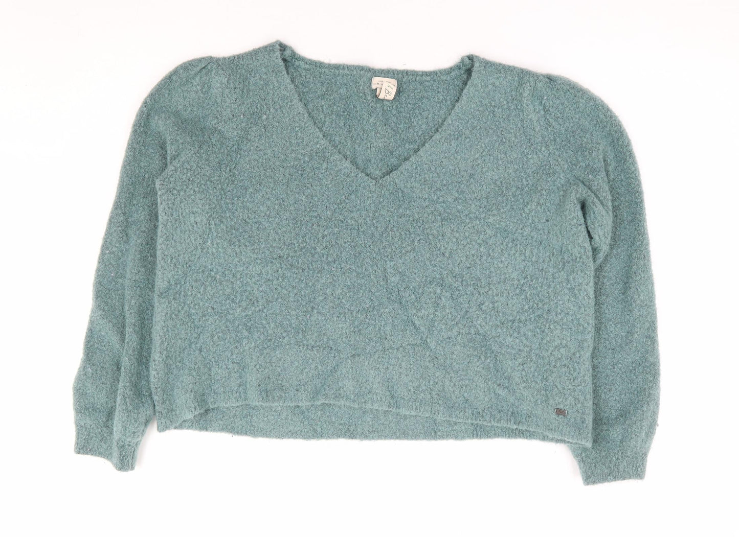 Pull & Bear Womens Green V-Neck Acrylic Pullover Jumper Size M