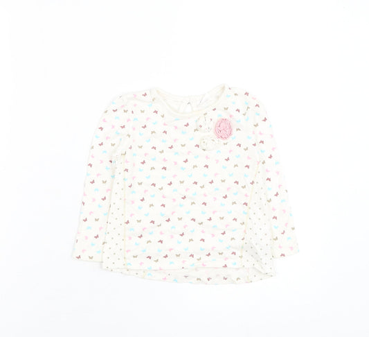 TU Girls White Floral Cotton Basic T-Shirt Size 12-18 Months Round Neck Pullover