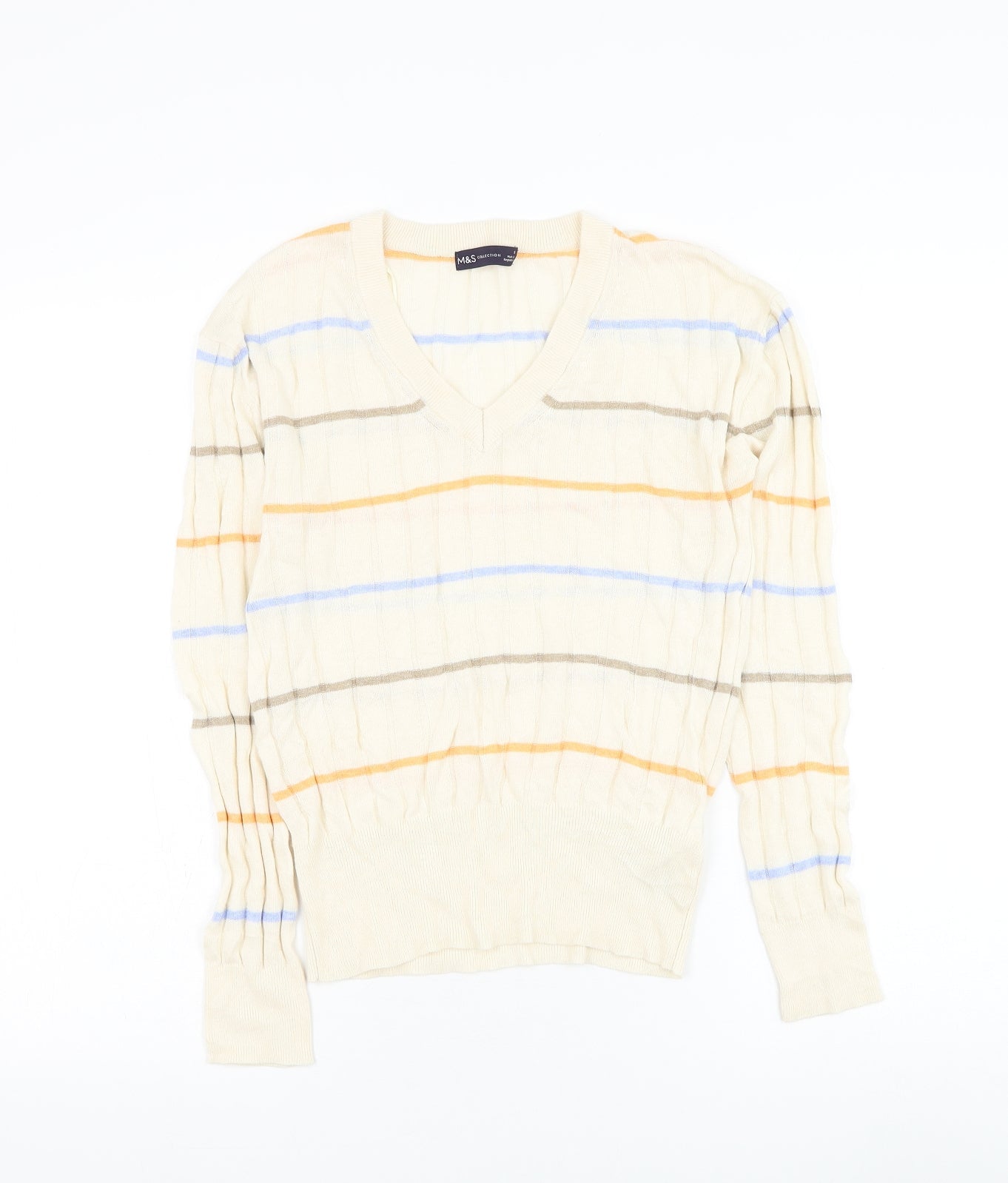 Marks and Spencer Womens Beige V-Neck Striped Viscose Pullover Jumper Size S