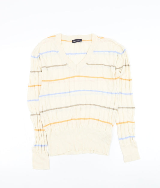 Marks and Spencer Womens Beige V-Neck Striped Viscose Pullover Jumper Size S