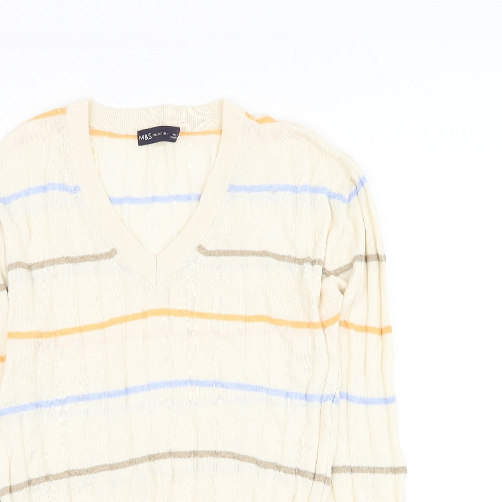Marks and Spencer Womens Beige V-Neck Striped Viscose Pullover Jumper Size S