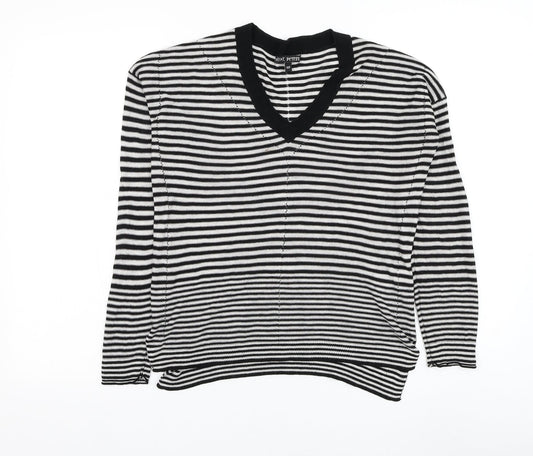 NEXT Womens Black V-Neck Striped Viscose Pullover Jumper Size 10