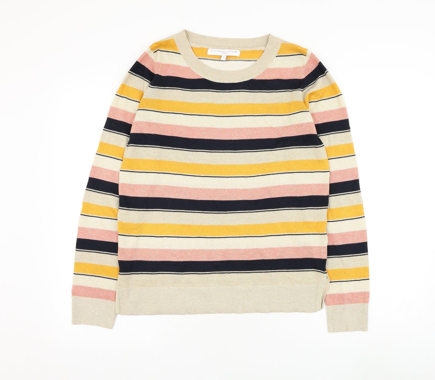 NEXT Womens Gold Round Neck Striped Polyester Pullover Jumper Size 8