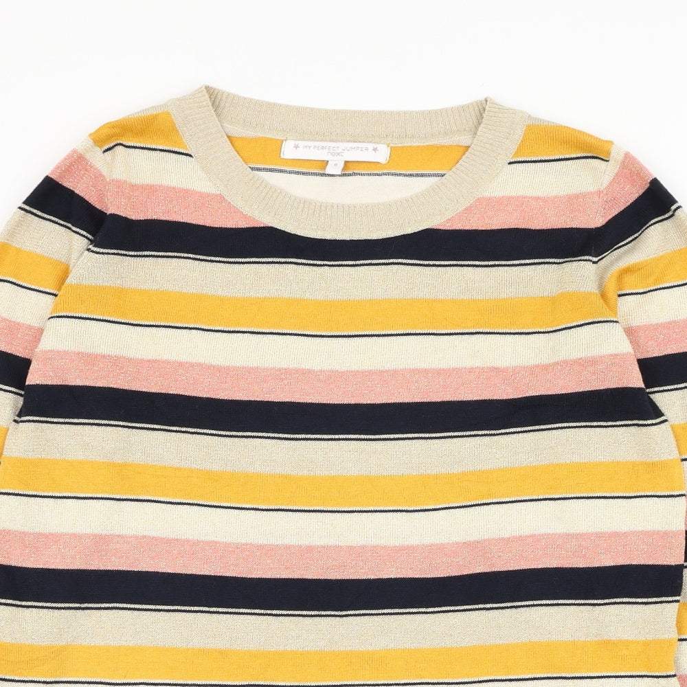 NEXT Womens Gold Round Neck Striped Polyester Pullover Jumper Size 8