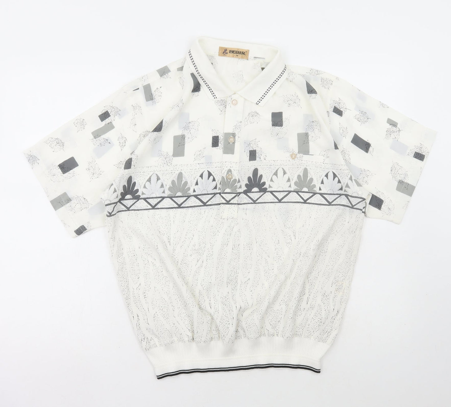 Belair Womens White Geometric Polyester Basic Blouse Size M Collared