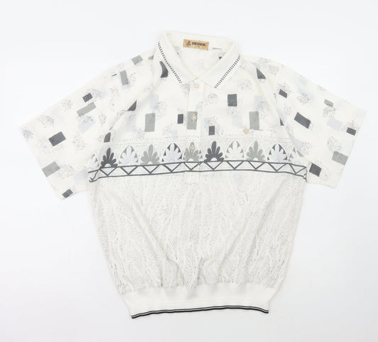 Belair Womens White Geometric Polyester Basic Blouse Size M Collared