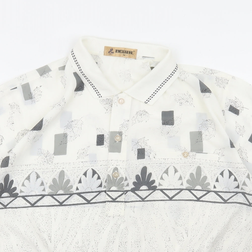 Belair Womens White Geometric Polyester Basic Blouse Size M Collared