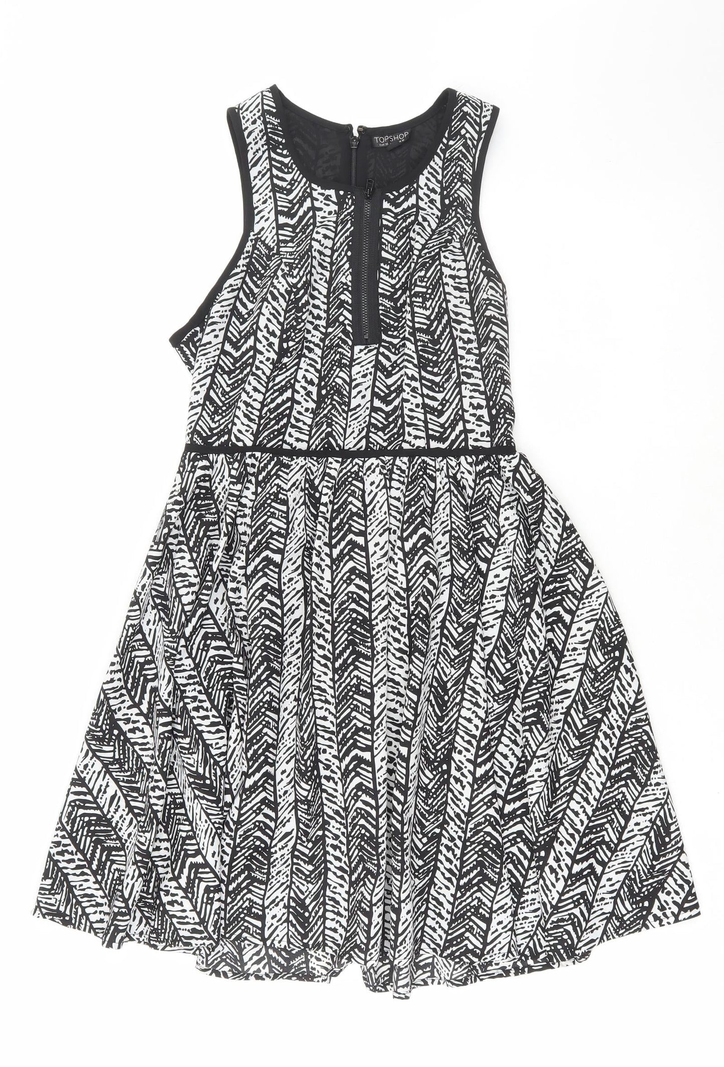 Topshop Womens Black Geometric Polyester Skater Dress Size 10 Round Neck