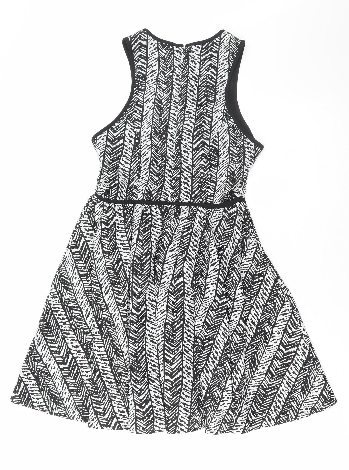 Topshop Womens Black Geometric Polyester Skater Dress Size 10 Round Neck