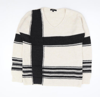 Next Womens Ivory V-Neck Geometric Acrylic Pullover Jumper Size 8