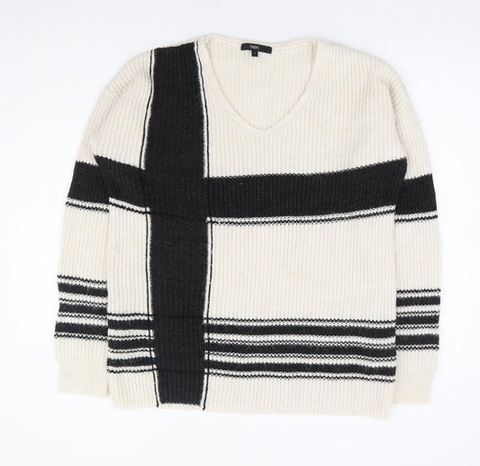 NEXT Womens Ivory V-Neck Geometric Acrylic Pullover Jumper Size 8