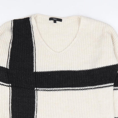 Next Womens Ivory V-Neck Geometric Acrylic Pullover Jumper Size 8