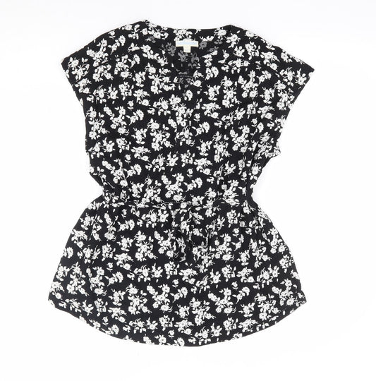 JoJo Maman Bébé Womens Black Floral Viscose Jersey Blouse Size M V-Neck