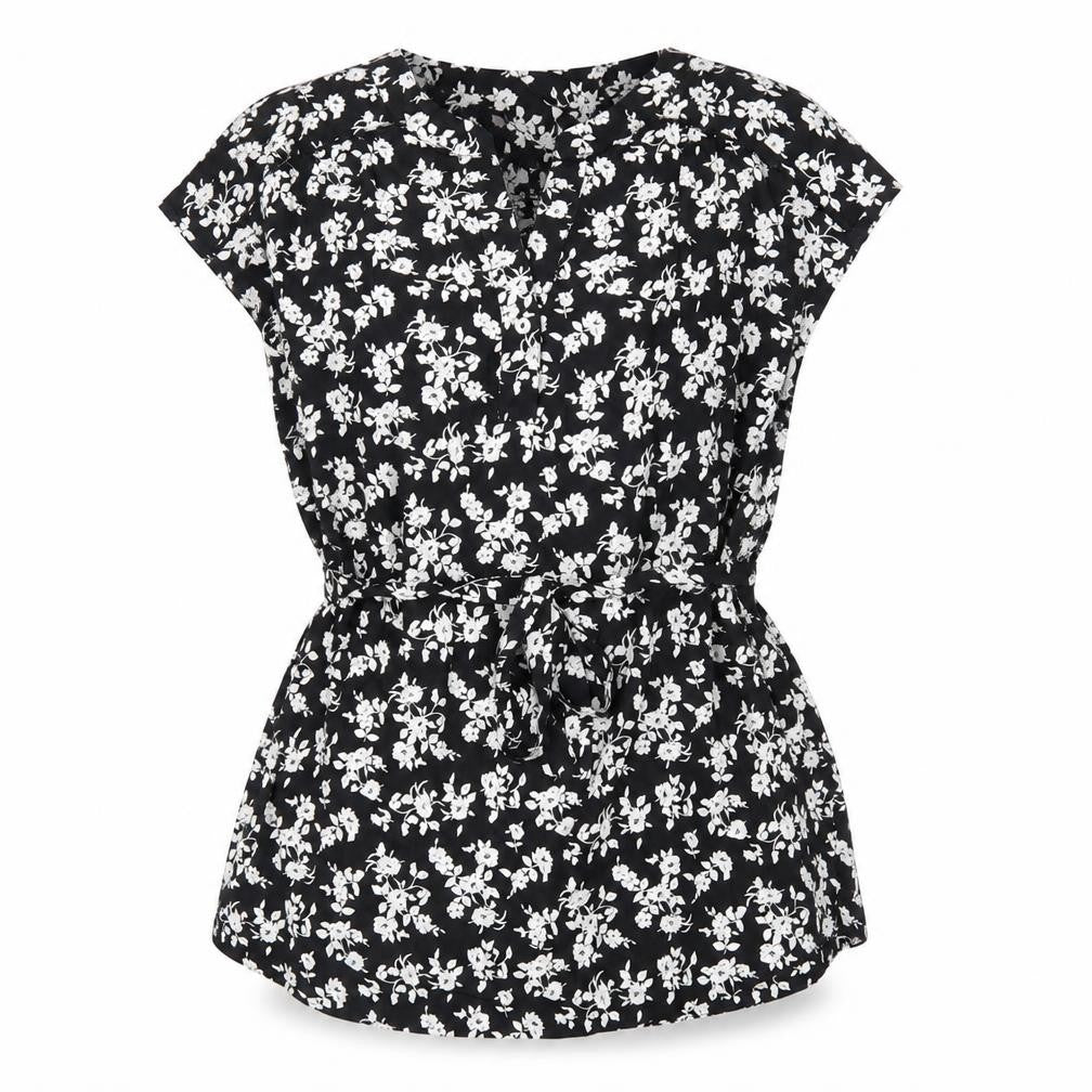 JoJo Maman Bébé Womens Black Floral Viscose Jersey Blouse Size M V-Neck