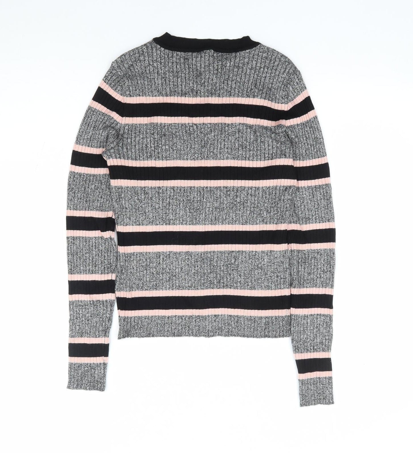 H&M Womens Grey Round Neck Striped Viscose Pullover Jumper Size S
