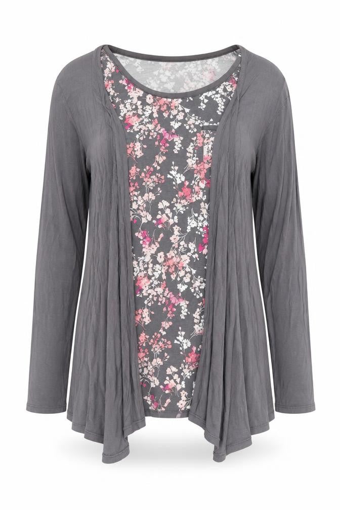Midnight Womens Grey Floral Modal Jersey T-Shirt Size M Round Neck