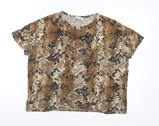 Zara Womens Brown Animal Print Polyester Basic T-Shirt Size S Round Neck