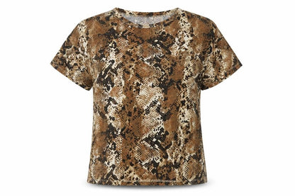 Zara Womens Brown Animal Print Polyester Basic T-Shirt Size S Round Neck