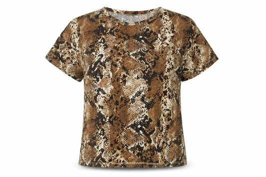 Zara Womens Brown Animal Print Polyester Basic T-Shirt Size S Round Neck