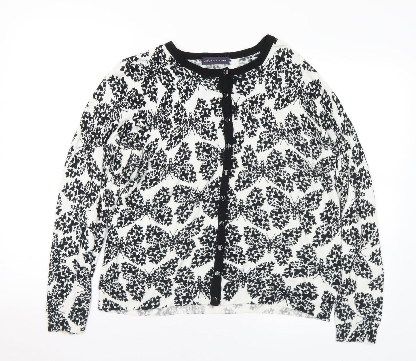 Marks and Spencer Womens White Round Neck Geometric Viscose Cardigan Jumper Size 18 - Butterflies