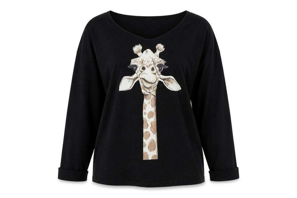 Sheilay Womens Black Polyester Basic T-Shirt Size S Round Neck - Giraffe