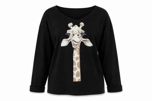 Sheilay Womens Black Polyester Basic T-Shirt Size S Round Neck - Giraffe