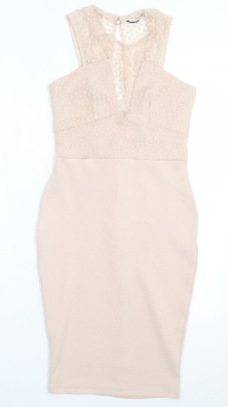TFNC Womens Beige Polka Dot Polyester Bodycon Size M Crew Neck Button