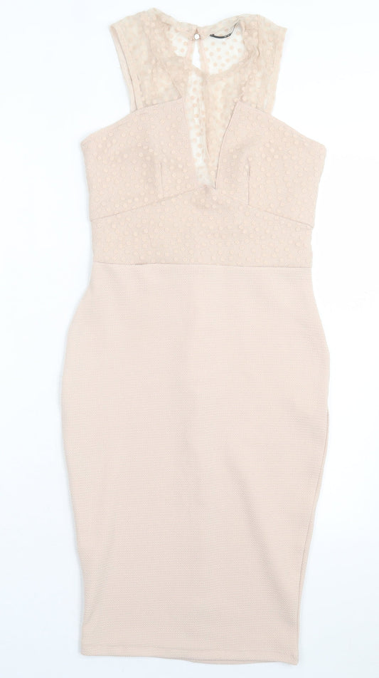 TFNC Womens Beige Polka Dot Polyester Bodycon Size M Crew Neck Button
