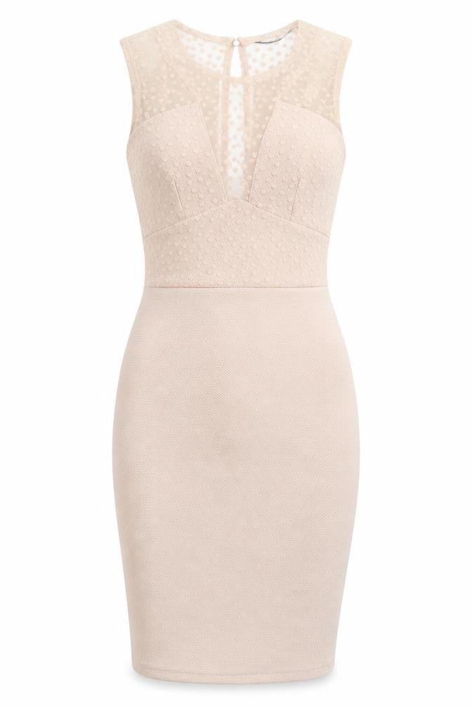TFNC Womens Beige Polka Dot Polyester Bodycon Size M Crew Neck Button