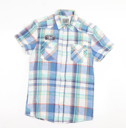 Preloved Peacocks Mens Blue Plaid Cotton Button-Up Size S Collared Button - Front