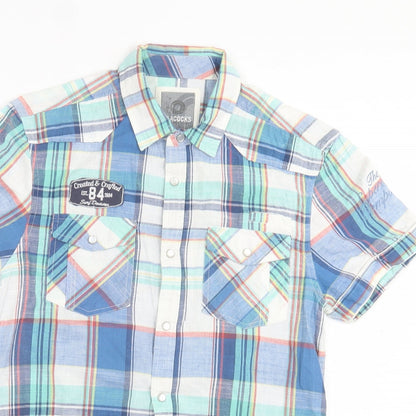 Preloved Peacocks Mens Blue Plaid Cotton Button-Up Size S Collared Button - Detail