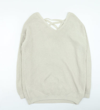 Next Womens Beige V-Neck Acrylic Pullover Jumper Size 8
