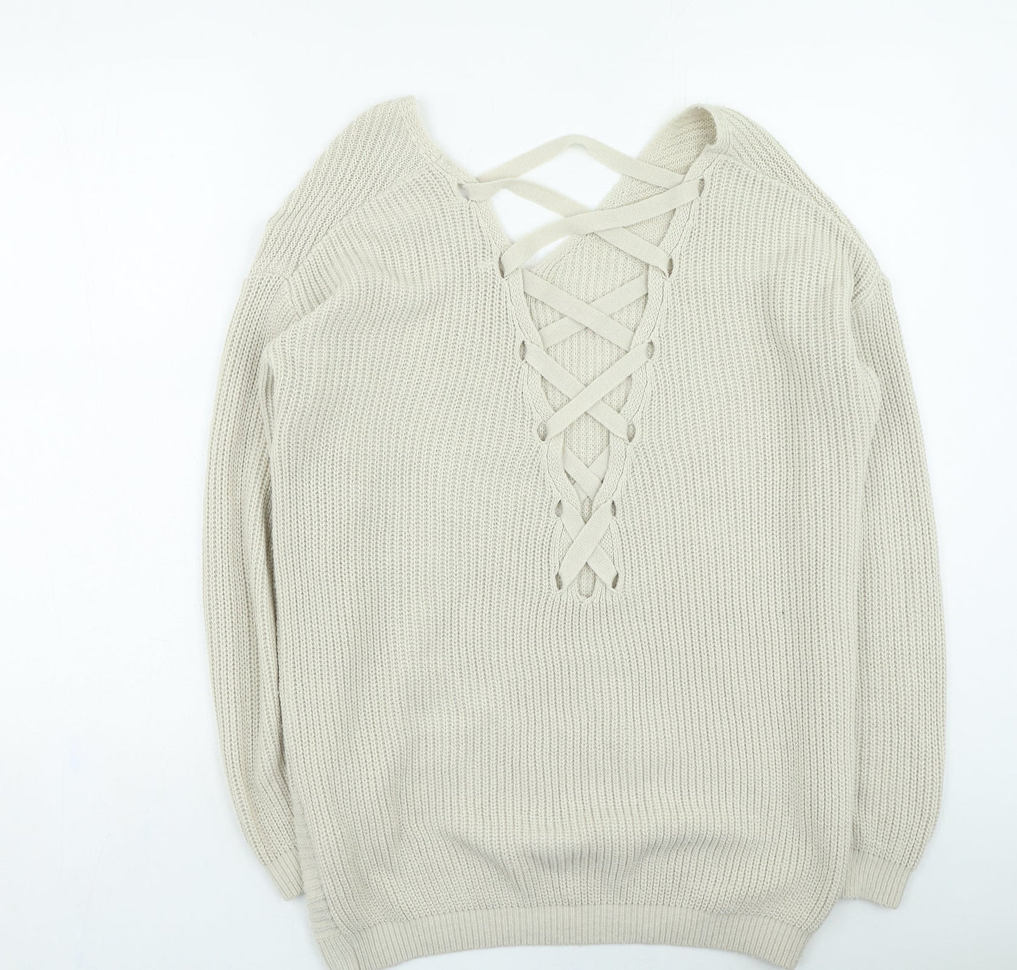 NEXT Womens Beige V-Neck Acrylic Pullover Jumper Size 8