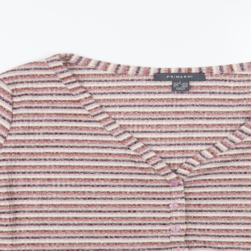Primark Womens Pink V-Neck Striped Polyester Cardigan Jumper Size 14