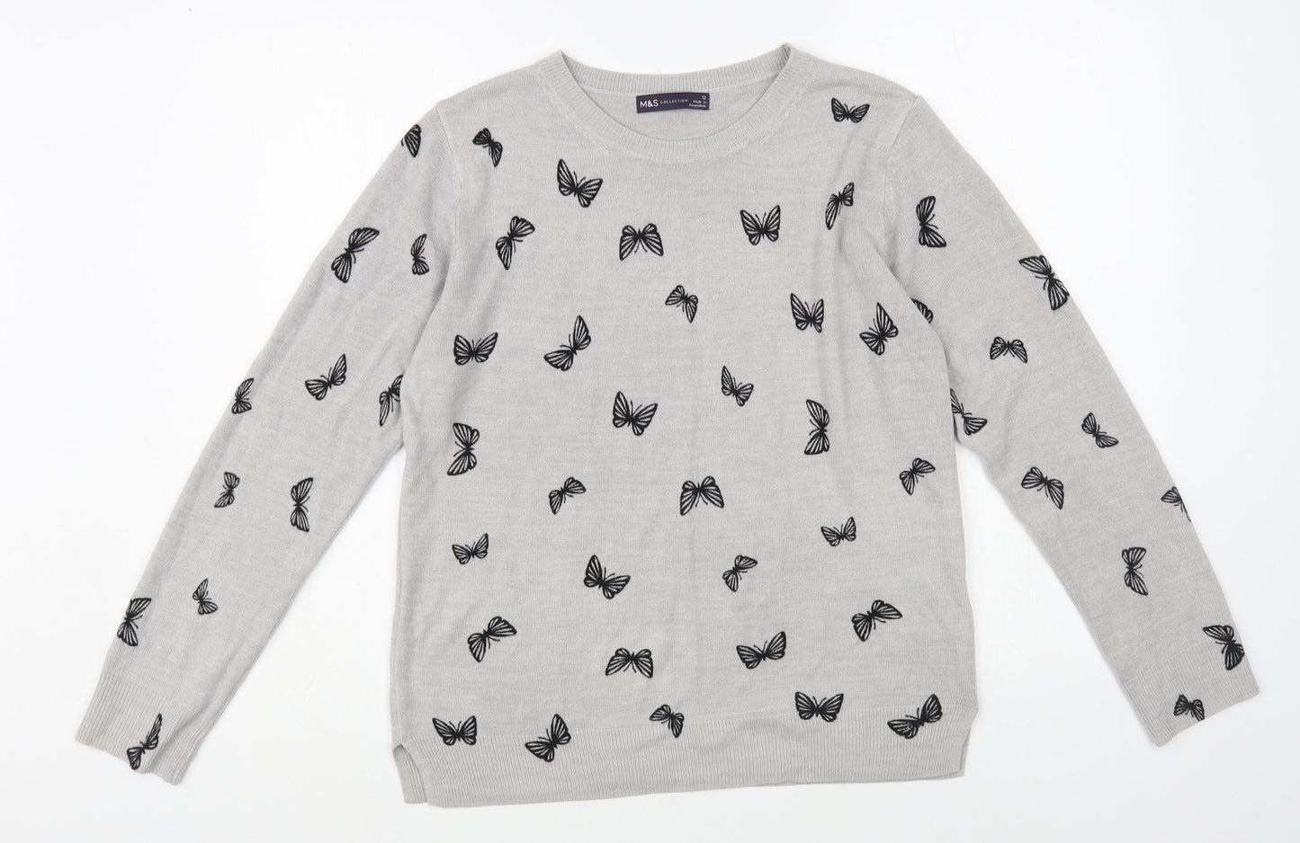 Marks and Spencer Womens Grey Crew Neck Geometric Acrylic Pullover Jumper Size 12 - Butterfly Print