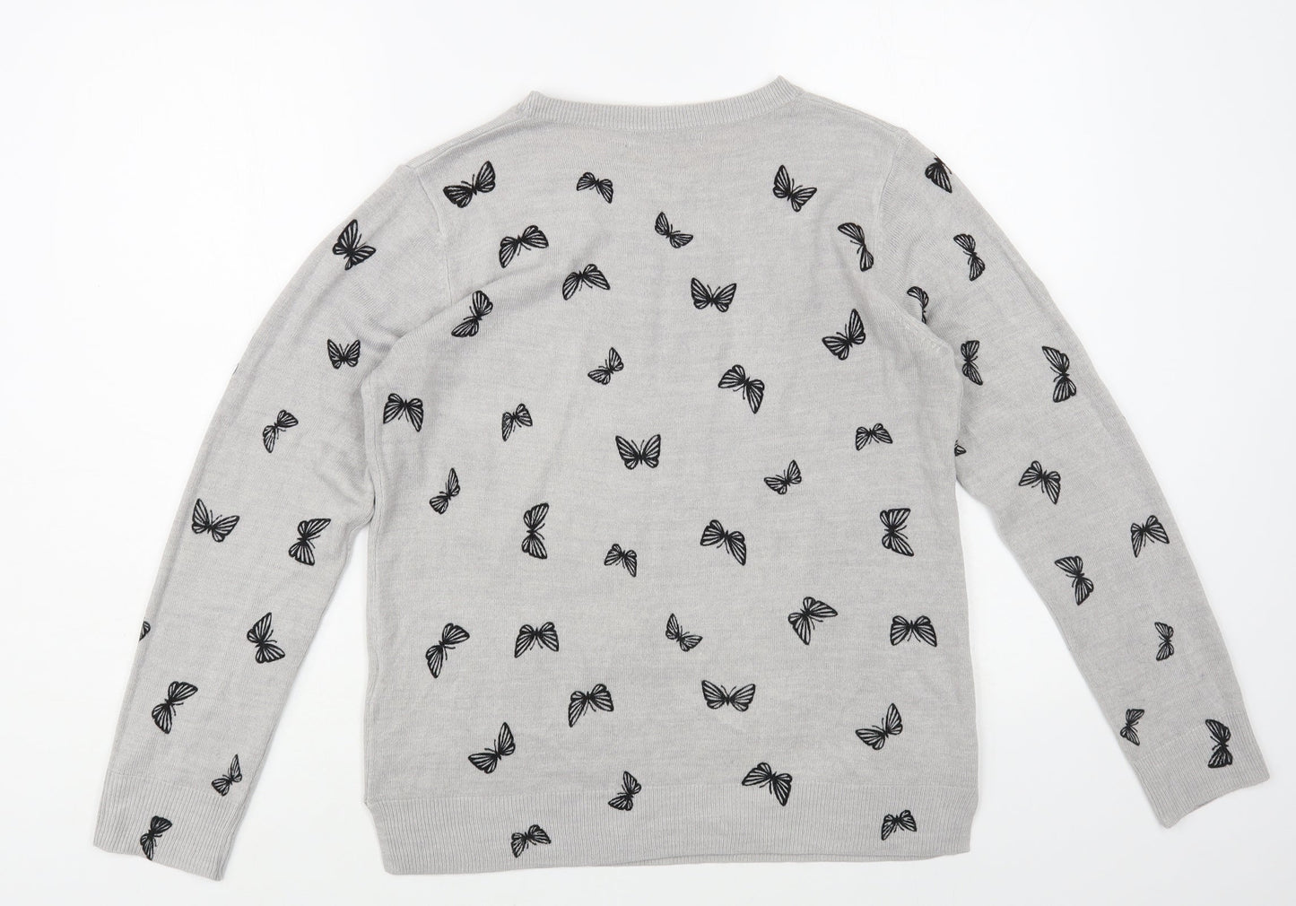 Marks and Spencer Womens Grey Crew Neck Geometric Acrylic Pullover Jumper Size 12 - Butterfly Print